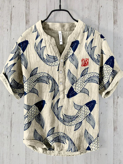 Men's Vintage Short Sleeve Shirt with Japanese Fish Art Print