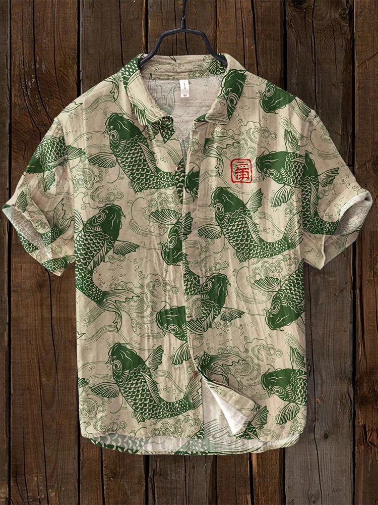 Men's Vintage Short Sleeve Shirt with Japanese Fish Art Print