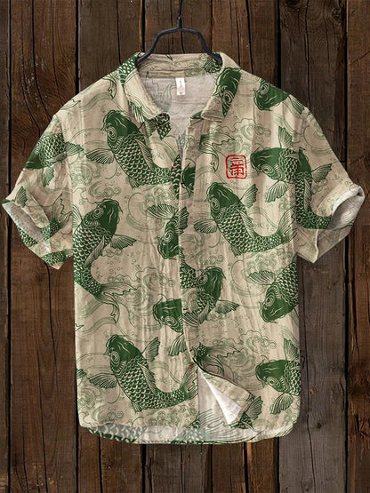 Men's Vintage Short Sleeve Shirt with Japanese Fish Art Print