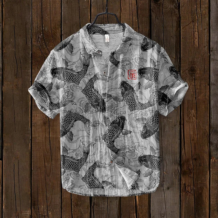 Men's Vintage Short Sleeve Shirt with Japanese Fish Art Print