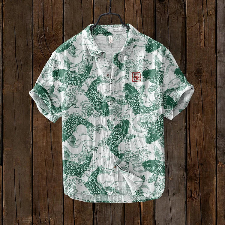 Men's Vintage Short Sleeve Shirt with Japanese Fish Art Print