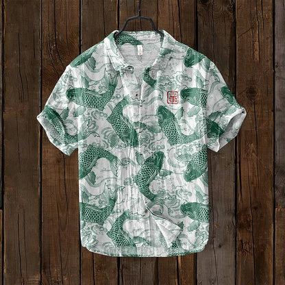 Men's Vintage Short Sleeve Shirt with Japanese Fish Art Print