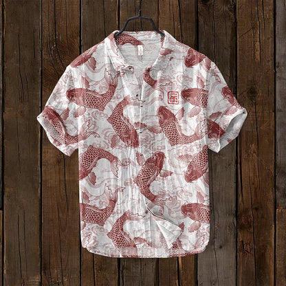 Men's Vintage Short Sleeve Shirt with Japanese Fish Art Print