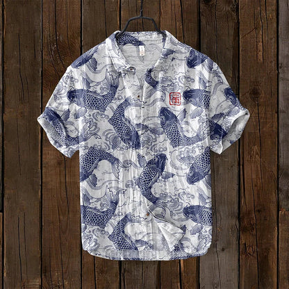 Men's Vintage Short Sleeve Shirt with Japanese Fish Art Print