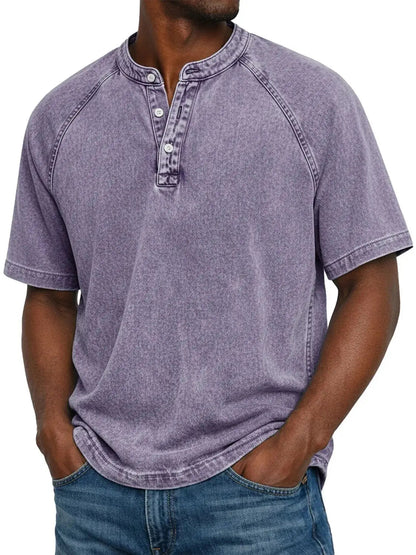 Men's Washed Henley T-Shirt with Raglan Sleeves and Button Placket