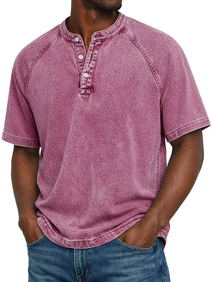 Men's Washed Henley T-Shirt with Raglan Sleeves and Button Placket