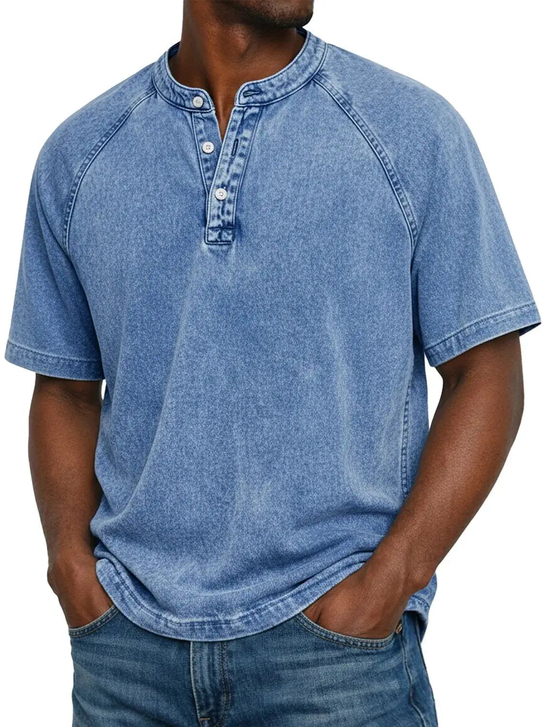 Men's Washed Henley T-Shirt with Raglan Sleeves and Button Placket
