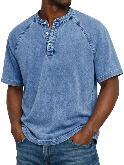 Men's Washed Henley T-Shirt with Raglan Sleeves and Button Placket
