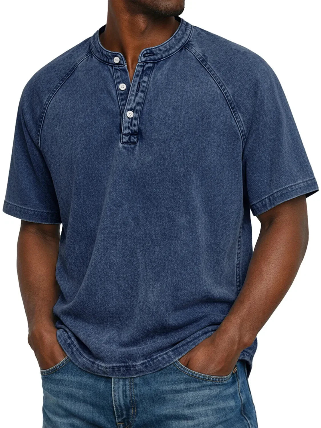 Men's Washed Henley T-Shirt with Raglan Sleeves and Button Placket