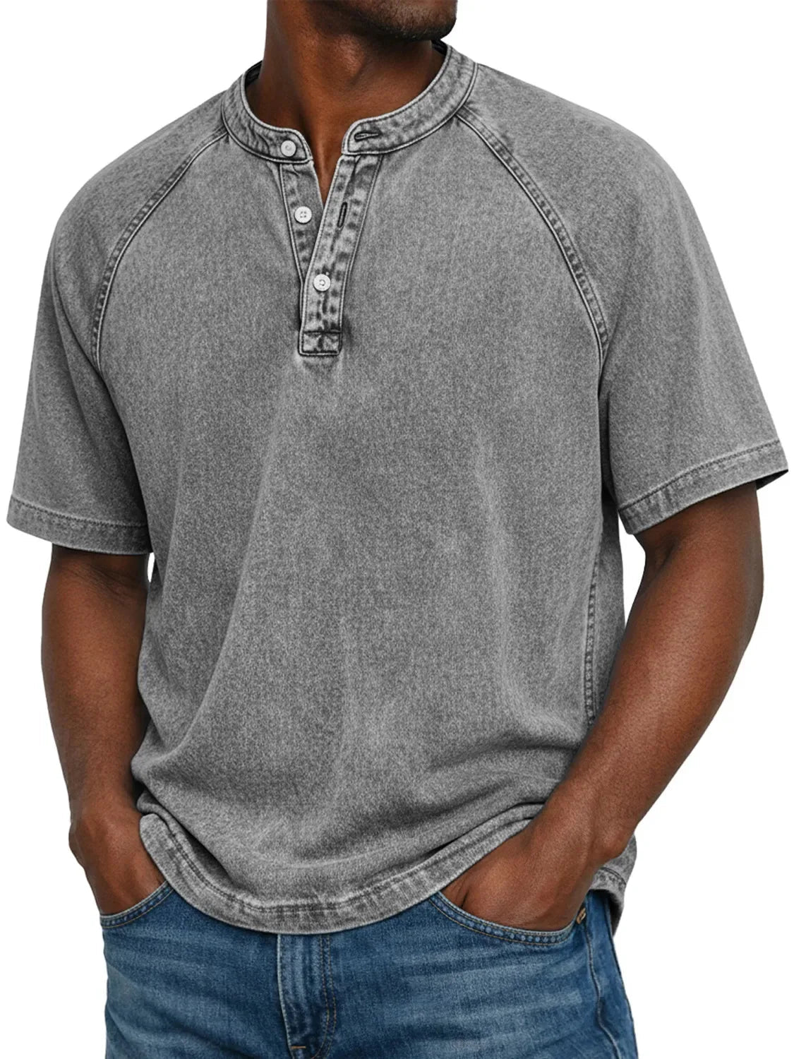 Men's Washed Henley T-Shirt with Raglan Sleeves and Button Placket