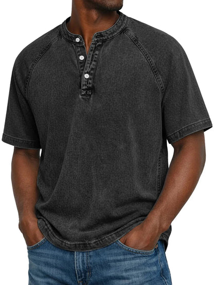 Men's Washed Henley T-Shirt with Raglan Sleeves and Button Placket