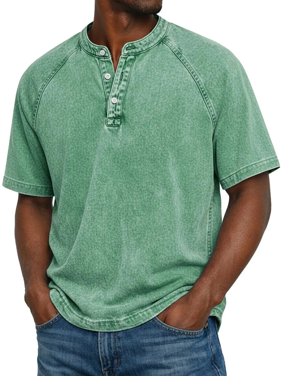 Men's Washed Henley T-Shirt with Raglan Sleeves and Button Placket