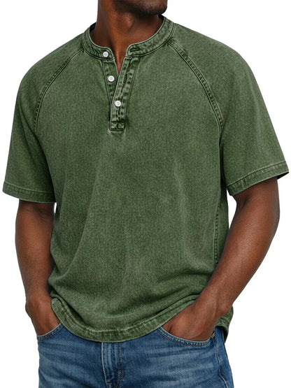 Men's Washed Henley T-Shirt with Raglan Sleeves and Button Placket