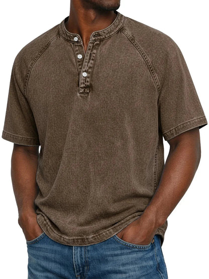 Men's Washed Henley T-Shirt with Raglan Sleeves and Button Placket