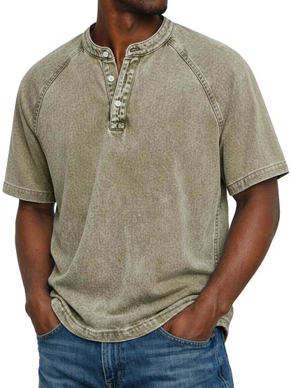 Men's Washed Henley T-Shirt with Raglan Sleeves and Button Placket