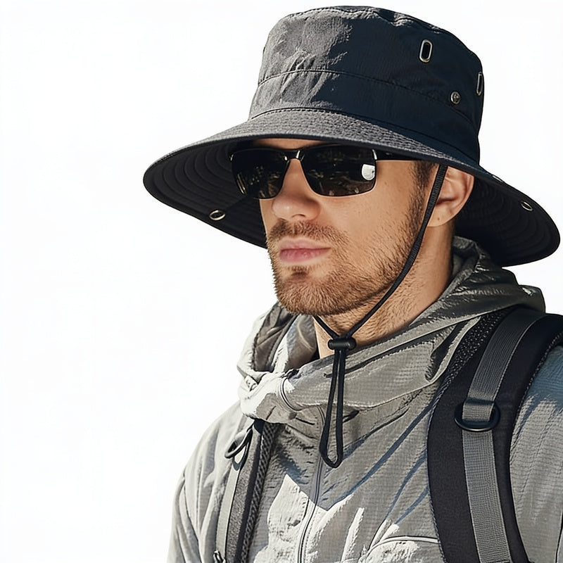Men's Wide-Brim Sun Hat with Chin Strap and Vented Crown