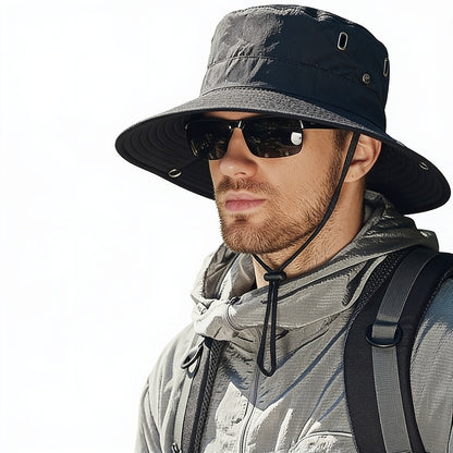 Men's Wide-Brim Sun Hat with Chin Strap and Vented Crown