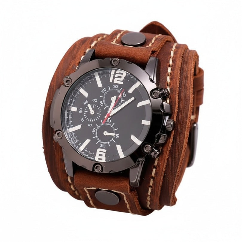 Men's Wide Cuff Chronograph Watch with Leather Look Strap and Buckle Clasp