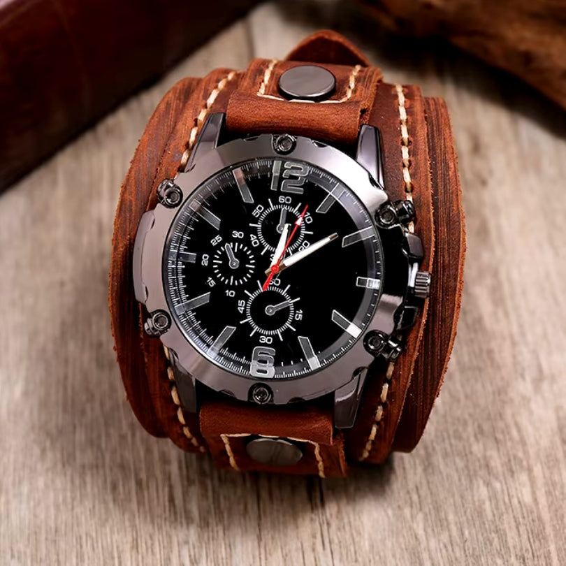 Men's Wide Cuff Chronograph Watch with Leather Look Strap and Buckle Clasp