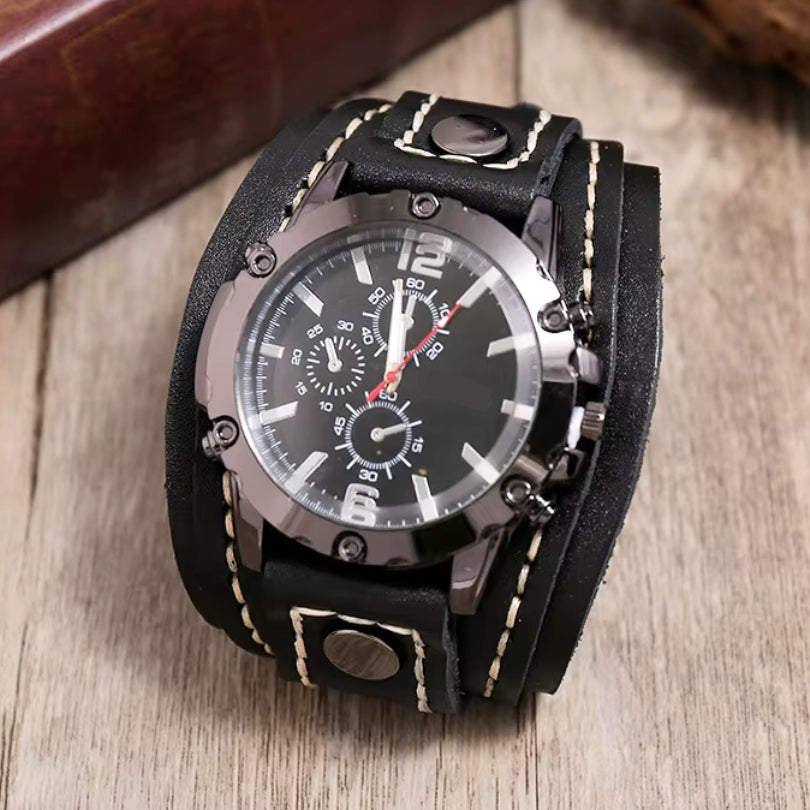 Men's Wide Cuff Chronograph Watch with Leather Look Strap and Buckle Clasp