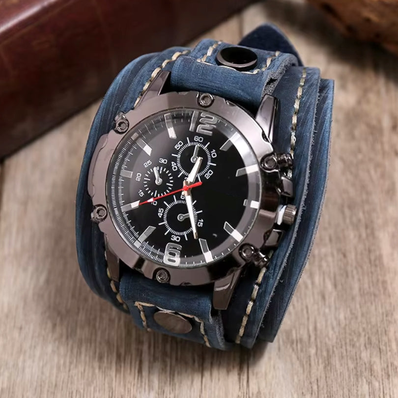 Men's Wide Cuff Chronograph Watch with Leather Look Strap and Buckle Clasp