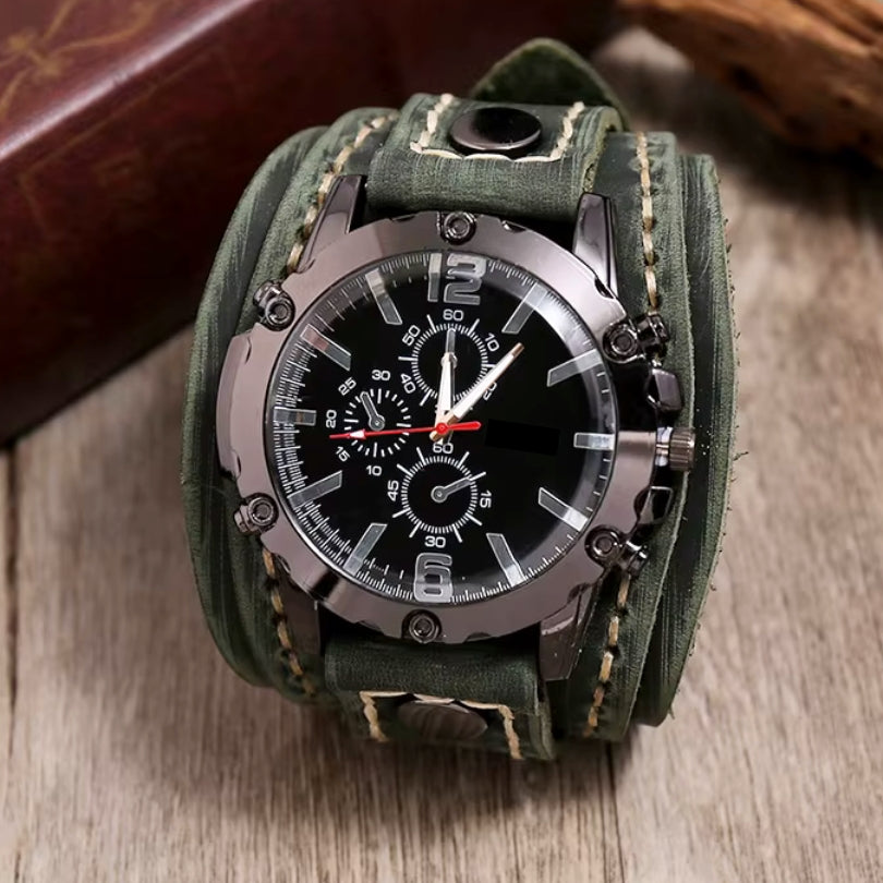 Men's Wide Cuff Chronograph Watch with Leather Look Strap and Buckle Clasp