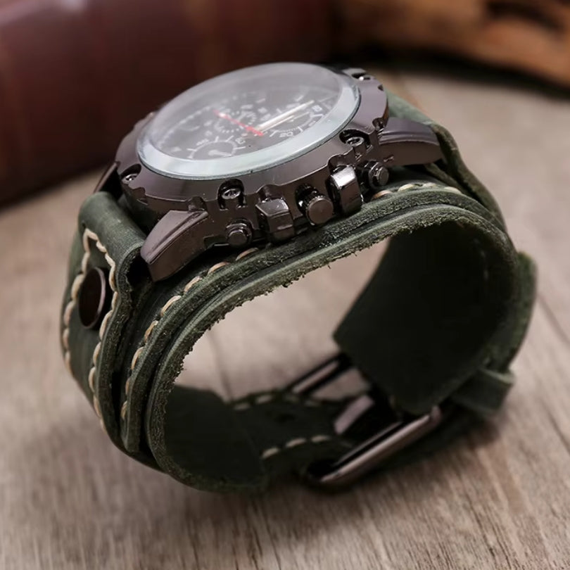 Men's Wide Cuff Chronograph Watch with Leather Look Strap and Buckle Clasp