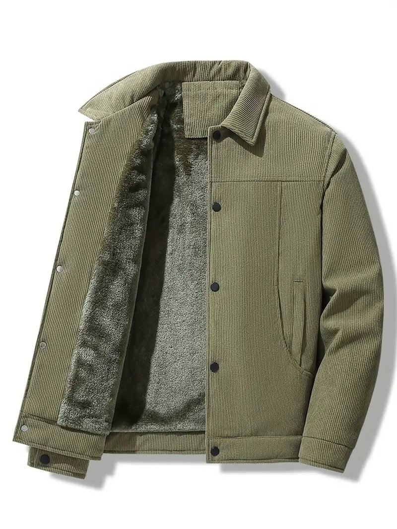 Men's Winter Jacket Fleece-Lined with Spread Collar and Button Closure