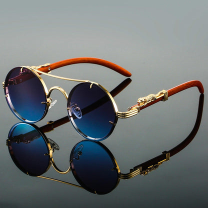 Unisex Retro Round Sunglasses with Double Bridge and Wood-Look Arms