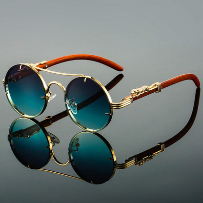 Unisex Retro Round Sunglasses with Double Bridge and Wood-Look Arms