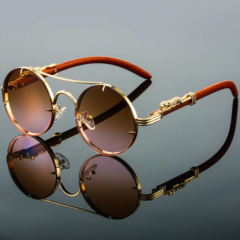 Unisex Retro Round Sunglasses with Double Bridge and Wood-Look Arms