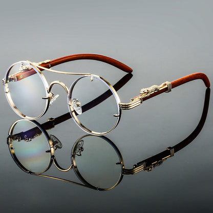Unisex Retro Round Sunglasses with Double Bridge and Wood-Look Arms