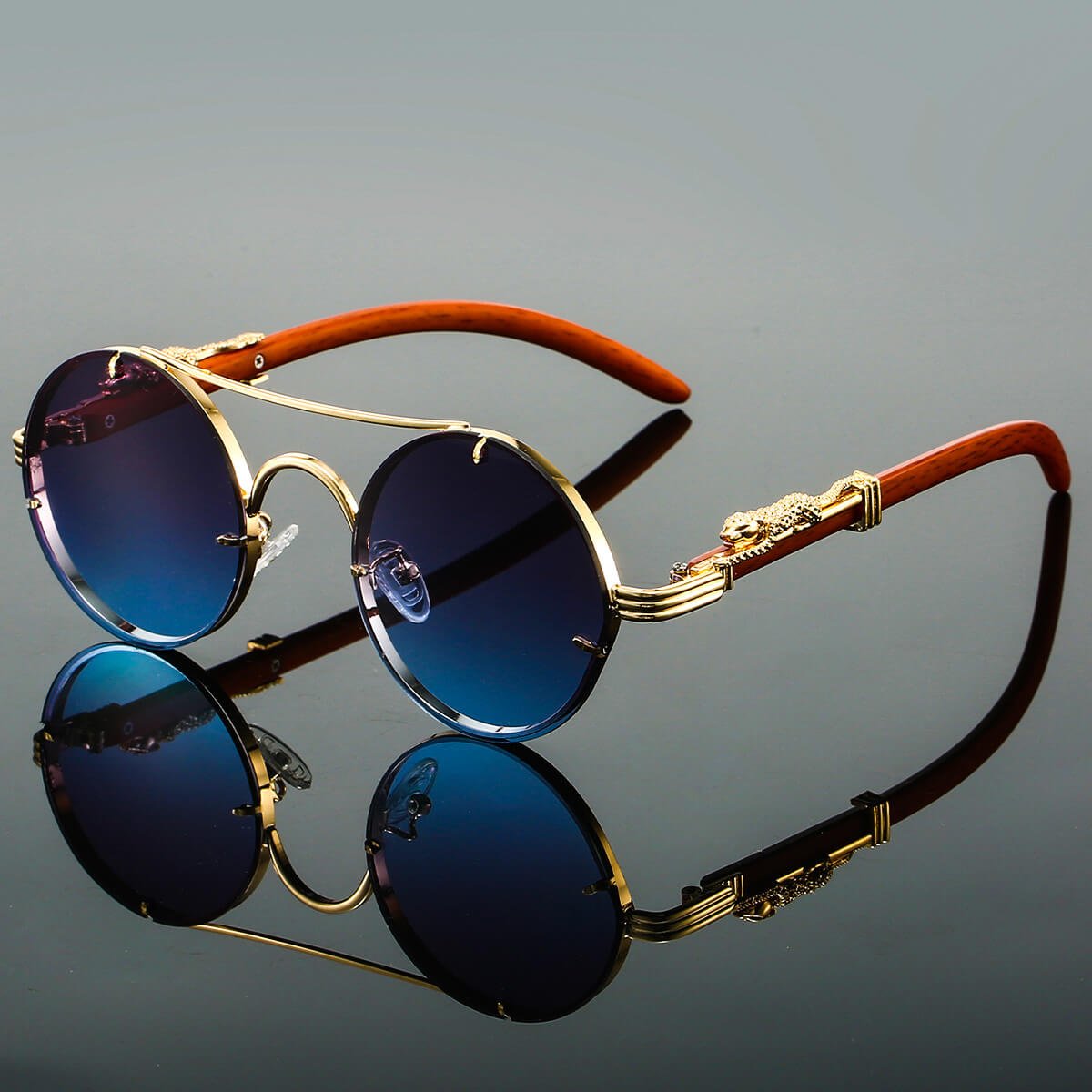 Unisex Round Sunglasses with Double Bridge and Panther Detail