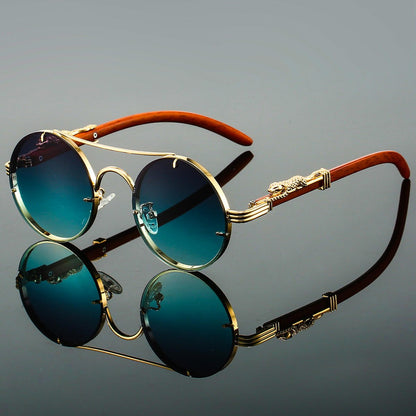 Unisex Round Sunglasses with Double Bridge and Panther Detail