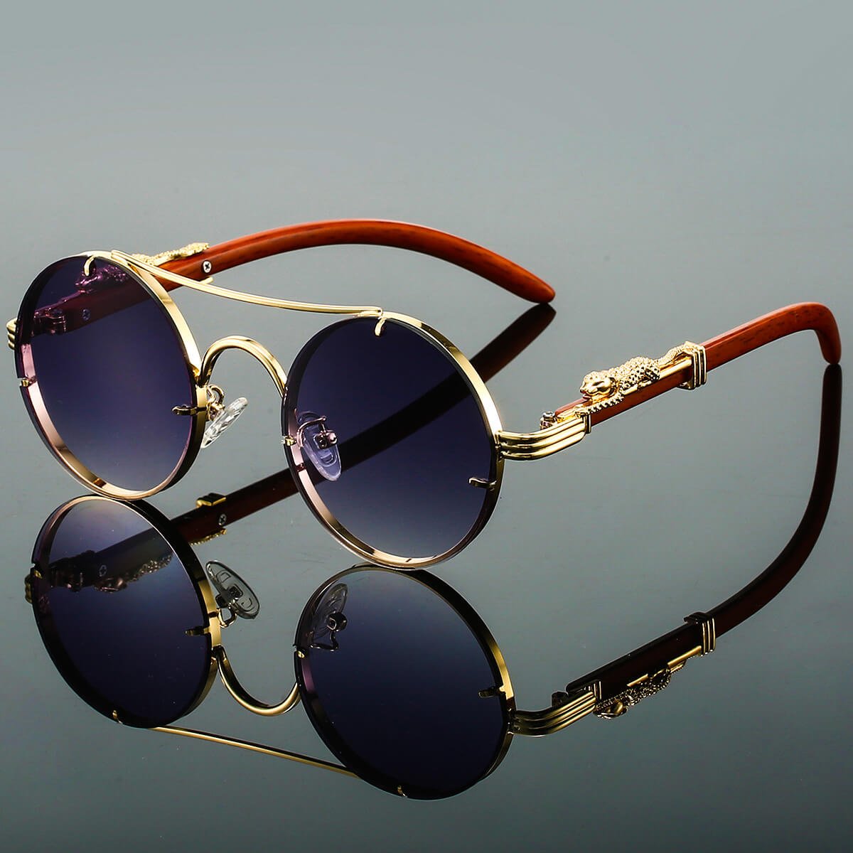 Unisex Round Sunglasses with Double Bridge and Panther Detail