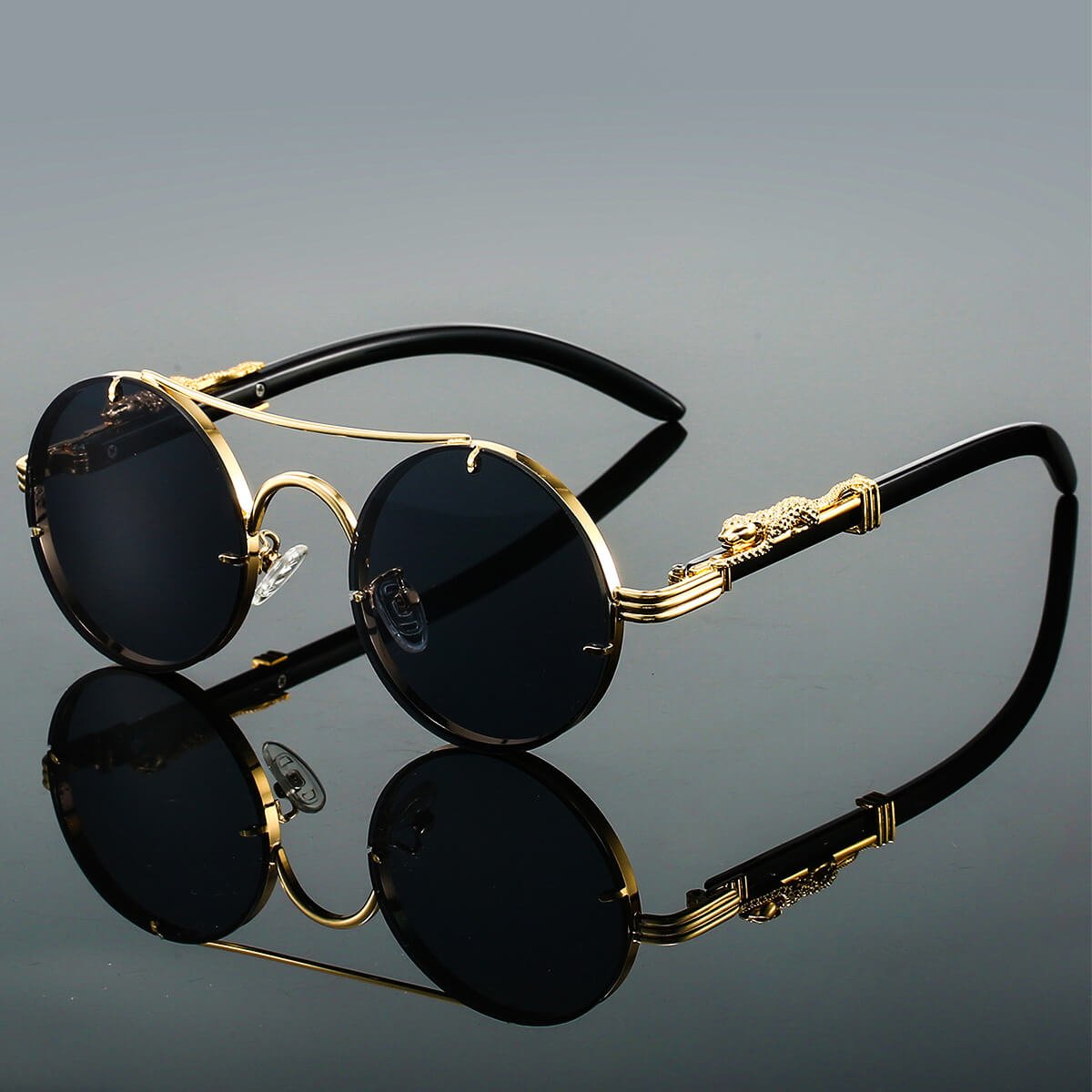 Unisex Round Sunglasses with Double Bridge and Panther Detail