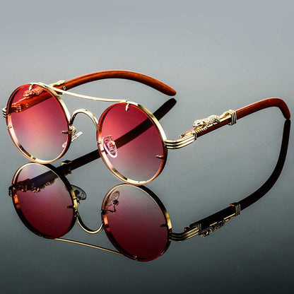 Unisex Round Sunglasses with Double Bridge and Panther Detail