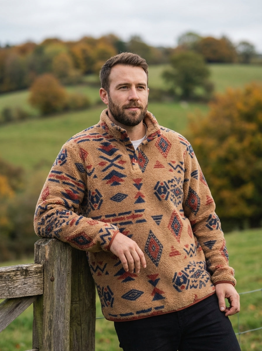 Man wearing aztec pattern fleece pullover - Built for Every Season