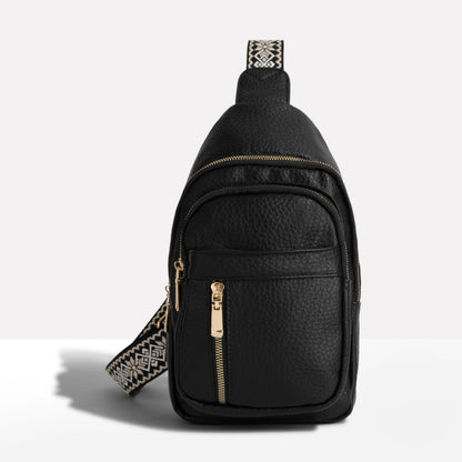 Women's Anti-Theft Crossbody Bag with Patterned Strap and Front Zip Pockets